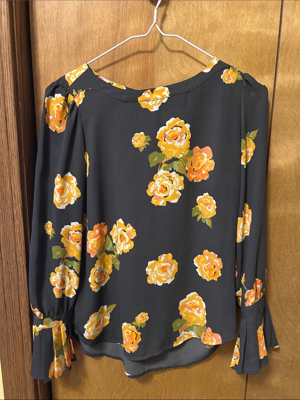 LOFT Black Blouse with Yellow and Orange Rose Print